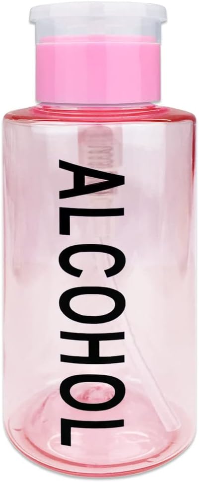 10oz Pink with Word Imprint Push Down Pump Dispenser Empty Refillerable Bottle with Flip Top Cap - for Nail Polish, Travel, Cosmetics Packaging