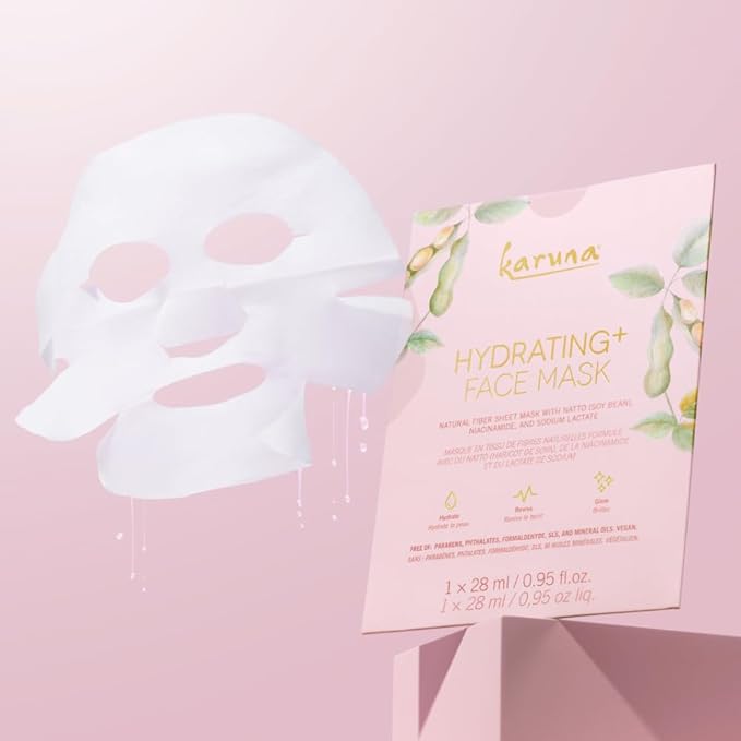 Karuna Hydrating+ Sheet Masks for Well-Moisturized & Hydrated Skin, Glow-Enhancing Face Masks Skin Care Products, Hydrating Facial Masks with Natto, Niacinamide & Sodium Lactate, 4 Sheets