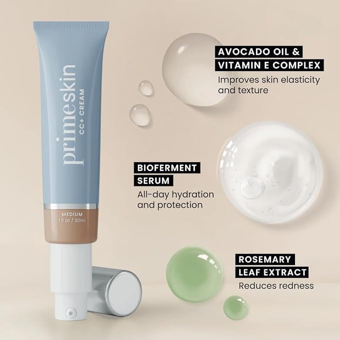 PrimeSkin CC+ Cream for Mature Women – Lightweight Liquid-to-Powder Foundation – Blurs Pores & Covers Age Spots – Crease-Free, Hydrating & Soft-Matte Finish for Sensitive Skin (Fair)