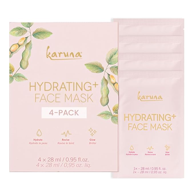 Karuna Hydrating+ Sheet Masks for Well-Moisturized & Hydrated Skin, Glow-Enhancing Face Masks Skin Care Products, Hydrating Facial Masks with Natto, Niacinamide & Sodium Lactate, 4 Sheets