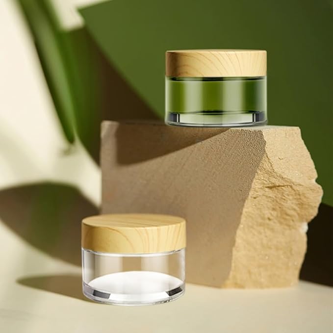 1 oz Glass Jars with Lids, Small Glass Containers with Plastic Woodgrain Lids & Inner Liners, Reusable Travel Containers for Creams, Makeup, Lotion, Cosmetic 4 pack