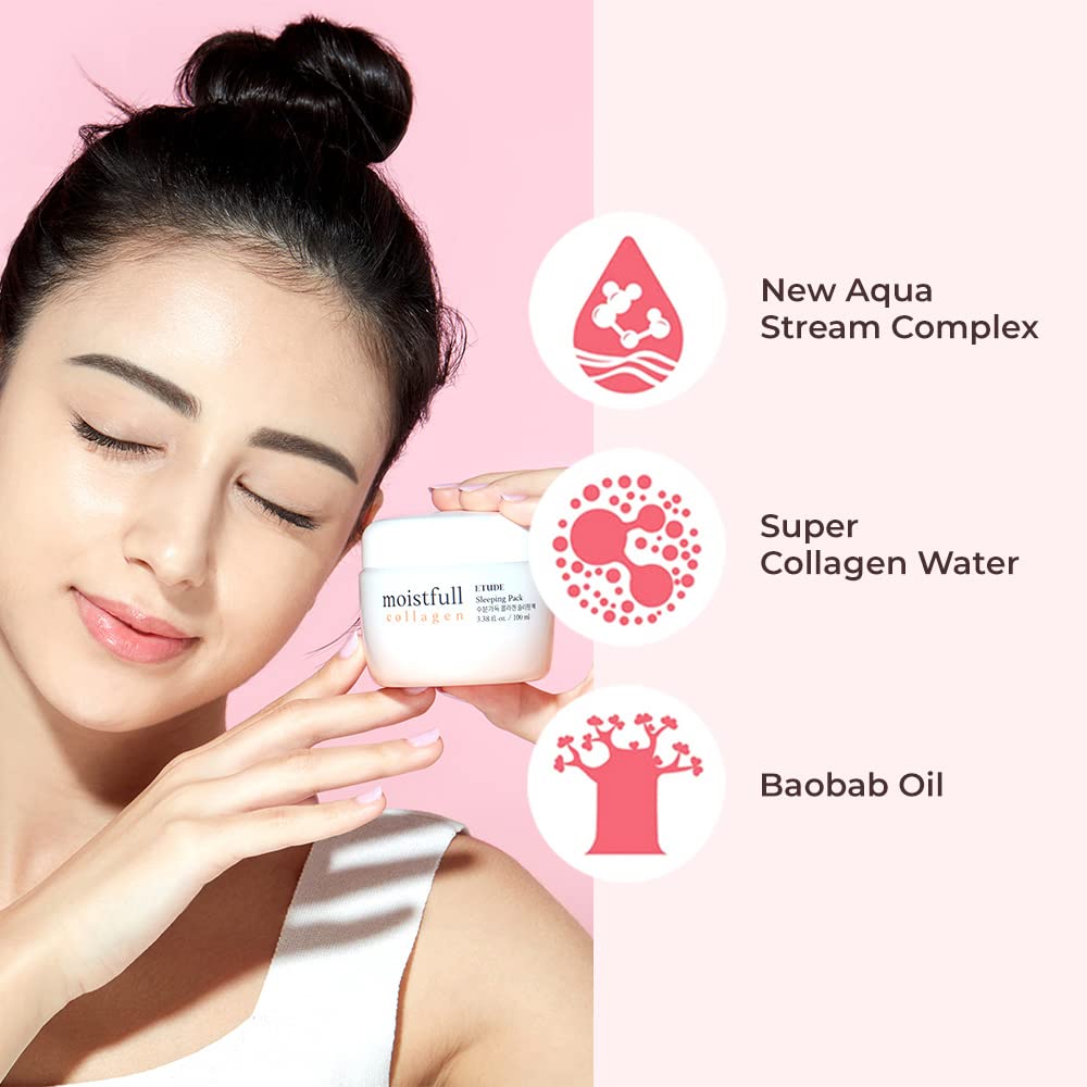 ETUDE Moistfull Collagen Sleeping Pack, Face Moisturizer, Night Cream, Super Collagen Water, Baobab Oil, Gel Texture, Deep Hydration, Korean Skin Care, Beauty (3.38 Fl Oz)