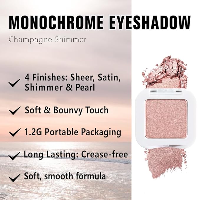 Kaely Pressed Single Eyeshadow Makeup, Champagne Shimmer Highly Pigmented Monochrome Eye Shadow Palette, Waterproof Neutral Powder Mini Eyeshadow, sombras para ojos, Lightweight Blendable, 03