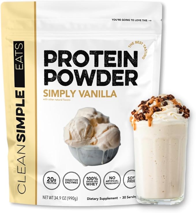 Clean Simple Eats Whey Protein Powder, Simply Vanilla Flavor Naturally Sweetened, 100% Grass Fed Protein Powder with Digestive Enzymes & No Artificial Ingredients, Gluten Free, 30 Servings
