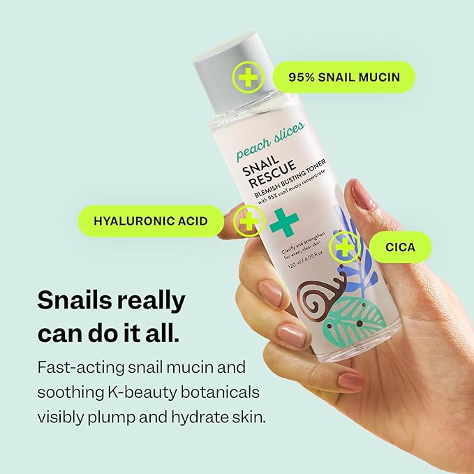 Peach Slices | Snail Rescue Blemish Busting Toner | 95% Snail Mucin | Pore Cleaner | Hydrates & Balances | Korean Skin Care | CICA | Hyaluronic Acid | Non-Comedogenic | Cruelty-Free | 4.05 oz