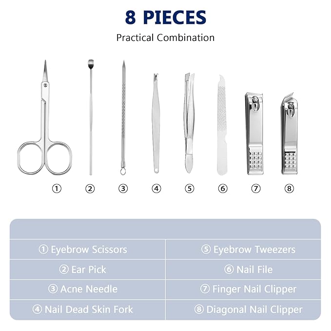 Lasnten 24 Set Manicure Set Bulk Nail Clippers Grooming Nail Kit Stainless Steel Professional Pedicure Kit Pedicure Tools with Travel Case Gifts for Men Women Personal(8 in 1,Gray, Silver)