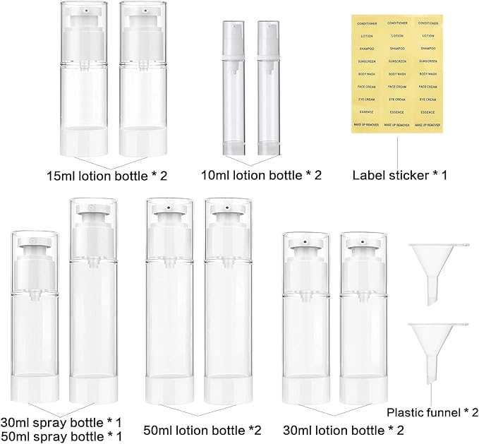 12 Pack 1.7oz/50ML Airless Pump Bottles, 0.5/1 oz 15ml 30ml Clear Refillable Cosmetics Container Spray & Lotion Vacuum Pump Bottle for Cream Lotion, Eye Cream, Liquid, Foundation, Shampoo