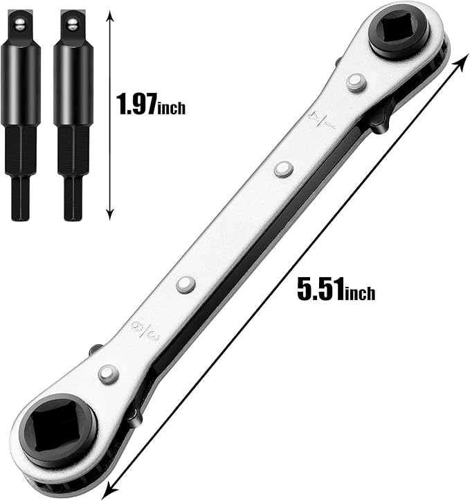 Hvac Service Flat Wrench Tools:3/16” to 3/8” 5/16'' x 1/4''Air Conditioner Valve Flat Ratchet Wrench with 2 Hexagon Bit Adapter Kit for Air Refrigeration Tools and Equipment Repair Tools Clearance