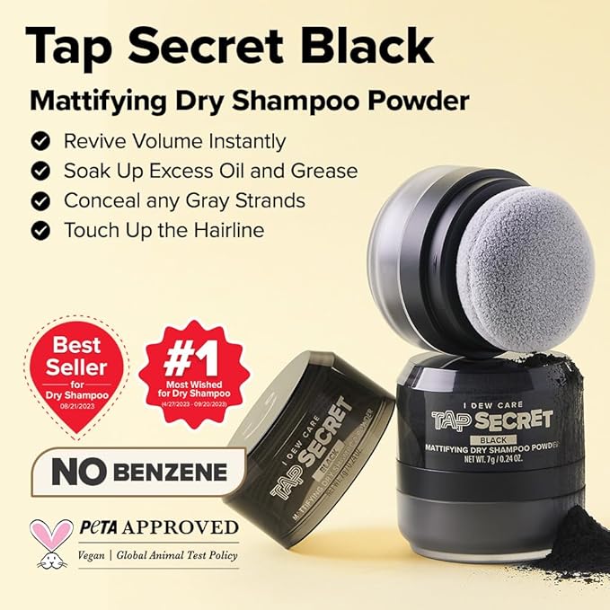 I DEW CARE Biotin Clarifying Dry Shampoo - Tap Secret Black | Strengthening & Volumizing, Powder Type, Refillable, Travel size, Non-aerosol, Black Hair, Korean Ginseng, 0.24 Oz
