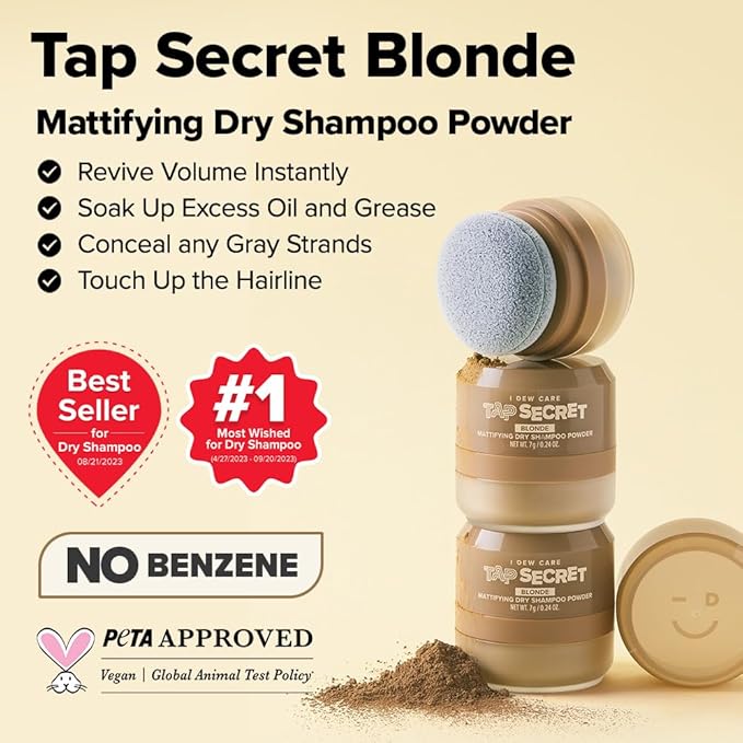 I DEW CARE Tap Secret Dry Shampoo Powder with Biotin - Tap Secret Blonde | Strengthening & Volumizing, Powder Type, Refillable, Travel size, Non-aerosol, Brunette, Korean Ginseng 0.24 Oz