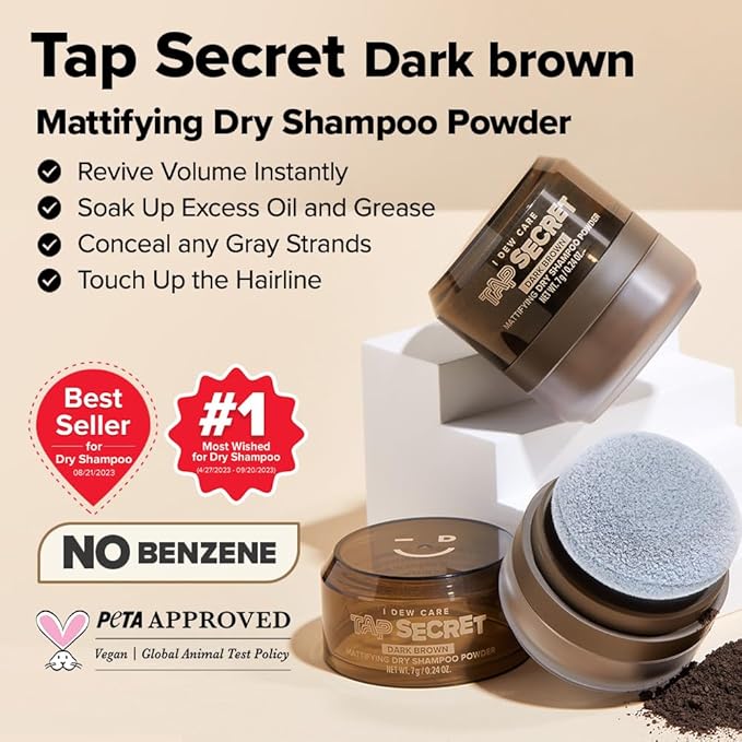 I DEW CARE Tap Secret Dry Shampoo Powder with Biotin - Tap Secret Dark Brown Duo Set | Strengthening & Volumizing, Refillable, Travel size, Non-aerosol, Brunette, Korean Ginseng, 0.24 Oz * 2ea