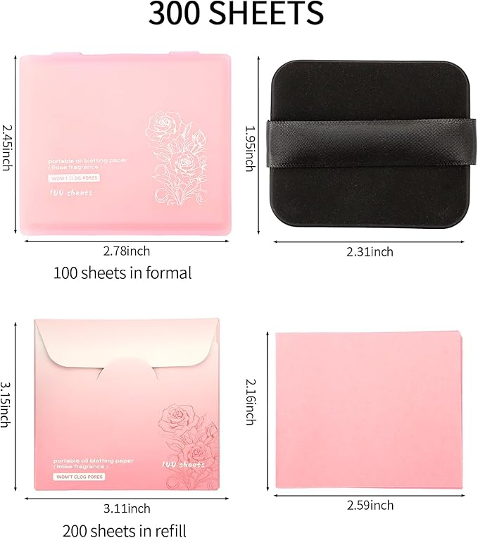 Erinde Oil Blotting Sheets for Face with Mirror and Puff, 300 Sheets Oil Blotting Paper for Oily Skin, Face Oil Absorbing Sheet, Natural Oil Control Film, Absorb Excess Oil, Makeup Friendly