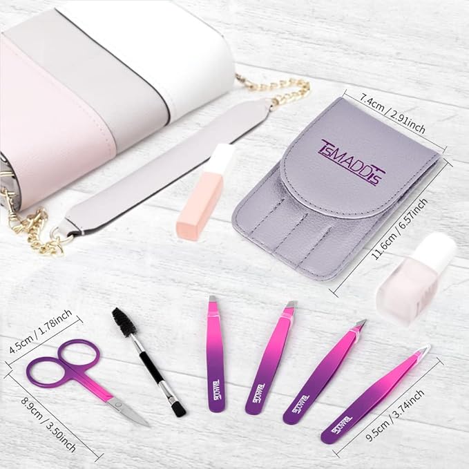 Eyebrow Tweezer Set, TsMADDTs 6PCS Tweezers Set for Women, Precision Tweezer for Eyebrows with Curved Scissor for Ingrown Hair, Hair Plucking Daily Beauty Tools (Pink&Purple)