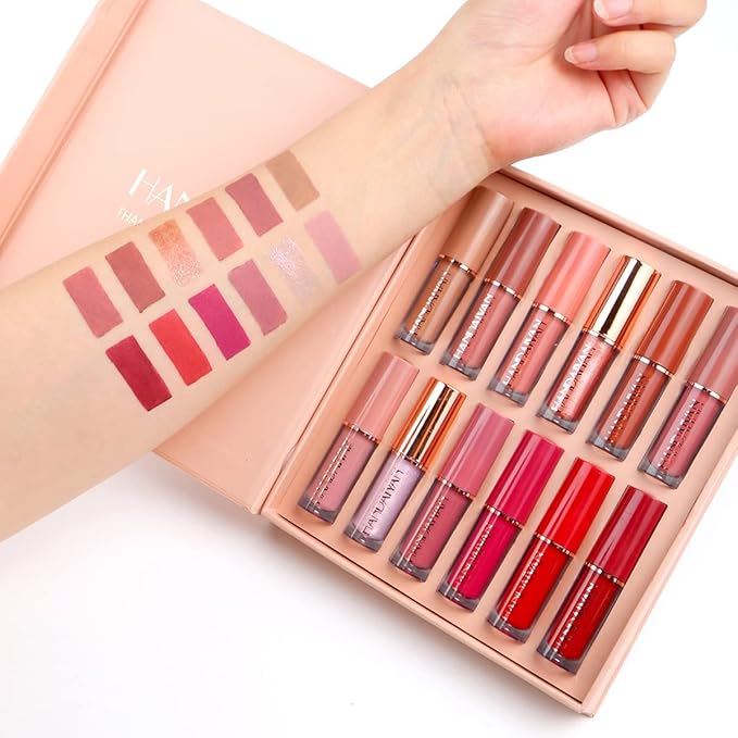 12 Colors Matte & Glossy Liquid Lipstick Set – Book Style Gift Kit for Women & Girls – Long Lasting Waterproof Lip Gloss with Nude, Pink, Red Shades, Non-Sticky, Transfer-Proof Lip Stain (Set A)