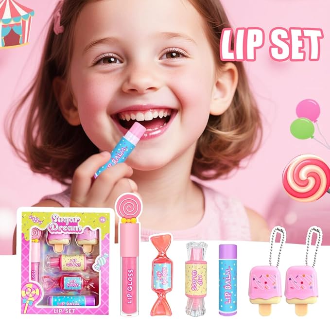 MU 6pc Candy Sweet Lip Gloss Set for Kids - 1 Straight Stick, 2 Ice Cream and 2 Candy Balms, Non-Toxic Girls Birthday Gift, Fun Theme Party Favors