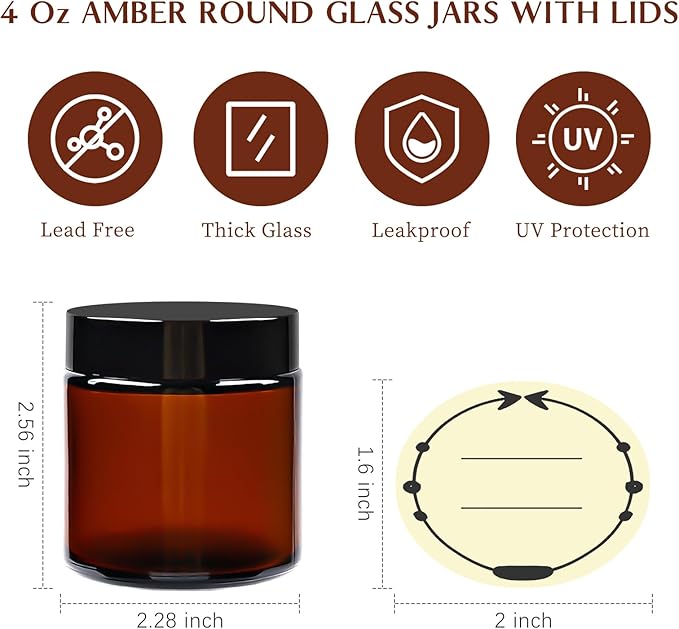 TUZAZO 4oz Amber Glass Jars with Lids, 2 Pack Round Small Glass Jars with Inner Liners & Stickers Reusable Empty Cosmetic Containers for Lotions, Body Butters, Creams, Powders, Candles