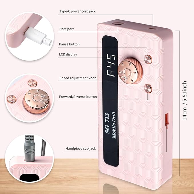 Electric Nail Drill - 45000RPM Portable Nail Drill丨Rechargeable Nail E-File Kit with 11 Bits & Base丨LED Screen丨Ultra-Silent, Rechargeable Nail Drills Machine for Acrylic Nails Gel Polishing(Pink)