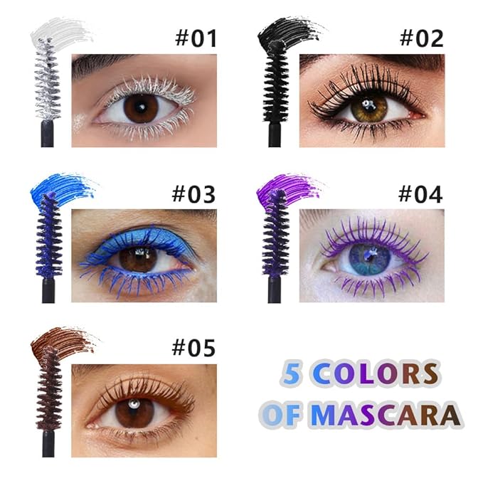 Waterproof 5PCS Colorful Voluminous Mascara Set – Lengthening, Defining, Curling, Multiplying Formula (Cruelty-Free)-White Black Blue Purple Brown Colored Mascara Eyelash Makeup Pack, Festival Gift