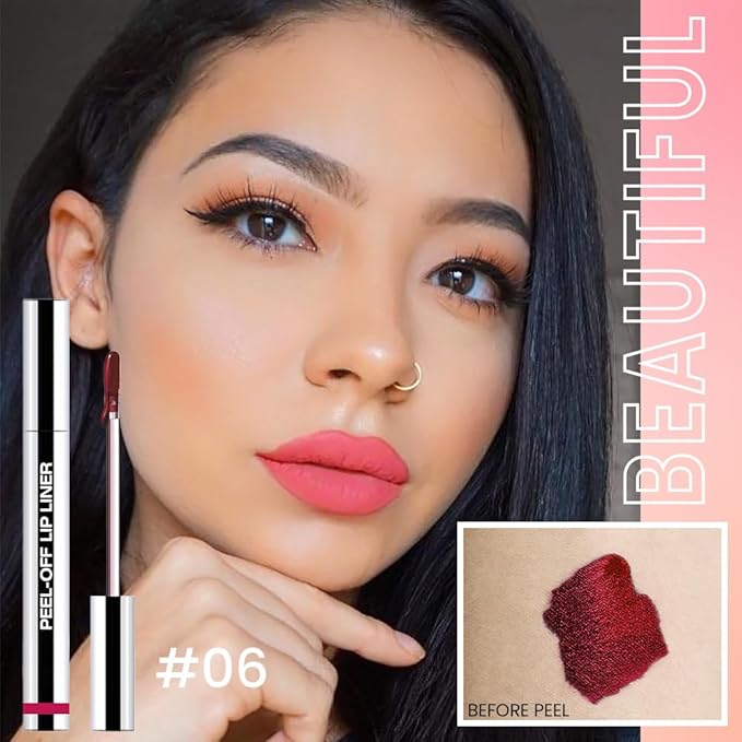 Matte Lip Gloss Stain-Peel Off Lip Liner Tattoo, Pinkish Red Peel-Off Lip Tint,Long Lasting Peel Off Lip Stain, Waterproof Transfer-proof Lip Mask Lip Liner Peel Off Lip Gloss,Stayn Lip Makeup.06#