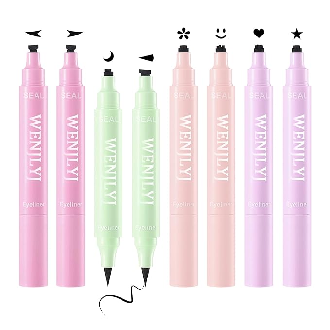 8PCS Black Liquid Eyeliner Stamps Set,Double-side Winged Eyeliner Stencil Pen,Waterproof Long Lasting Eye Liners Stamp Eyeliner Pencil Tattoo Makeup Tools with Heart,Flower,Star,Butterfly,Cone Shapes
