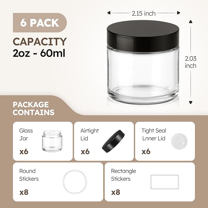 2 oz Glass Jars with Lids, 6 Pack Clear Small Glass Jars with Black Lids Leakproof Round Airtight Empty Cosmetic Travel Containers with Inner Liners For Lotions Powders and Candle Making