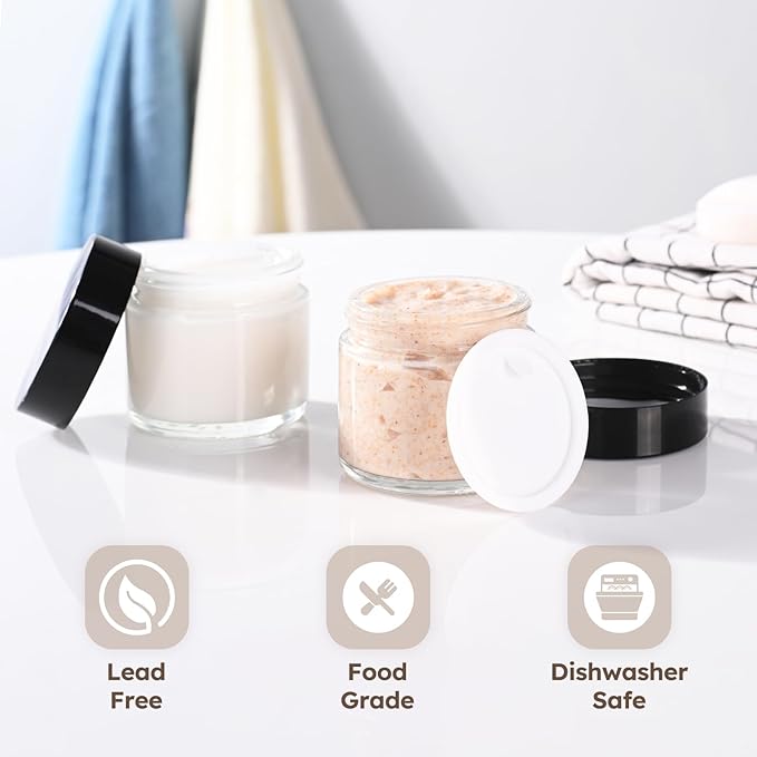 2 oz Glass Jars with Lids, 6 Pack Clear Small Glass Jars with Black Lids Leakproof Round Airtight Empty Cosmetic Travel Containers with Inner Liners For Lotions Powders and Candle Making