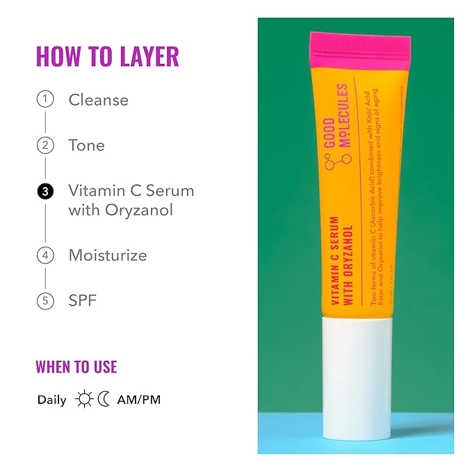 Good Molecules Vitamin C Serum with Oryzanol - Face Serum to Promote Collagen Production, Even Skin Tone, Anti-Aging, and Brightening - Skin Care for Face