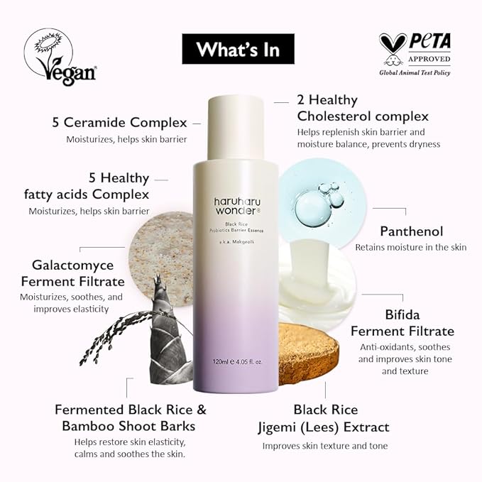 haruharu wonder Black Rice Probiotics Barrier Essence 4.05 fl. oz., Essence Toner to Strengthen Skin Barrier with Ceramides, Fermented Ingredients, Soothing, Moisturizing, Plumping, White