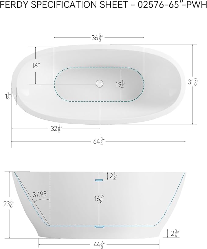 FerdY Koh Samui 65" Freestanding Bathtub, Elegant Oval Shape, Double Walled Insulation Bathtub with Center Polished White & Minimalist Linear Design Overflow