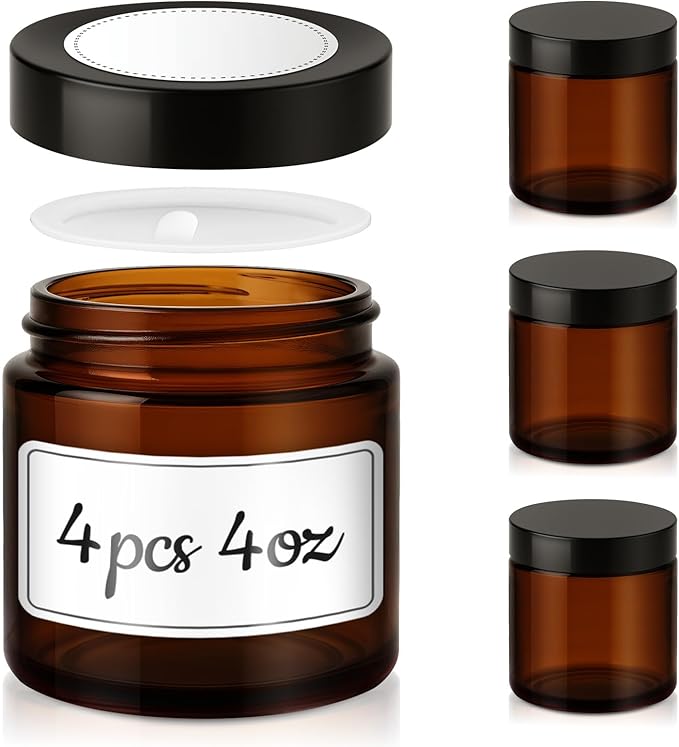 4 oz Glass Jars with Lids, 4 Pack Amber Glass Jars with Black Lids Leakproof Round Airtight Empty Cosmetic Travel Containers with Inner Liners For Lotions Powders and Candle Making