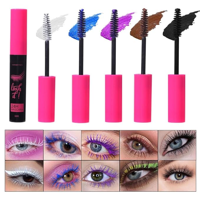 Waterproof 5PCS Colorful Voluminous Mascara Set – Lengthening, Defining, Curling, Multiplying Formula (Cruelty-Free)-White Black Blue Purple Brown Colored Mascara Eyelash Makeup Pack, Festival Gift