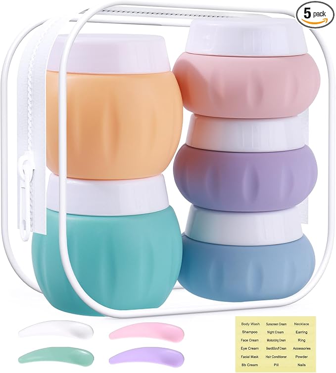 GLAMFIELDS TSA Approved 2pcs 1.7oz & 3pcs 1oz Travel Size Silicone Jars - BPA Free, Leak-proof Travel Essentials with Lid for Cosmetic, Face, Hand & Body Cream - Orange (5Pack)