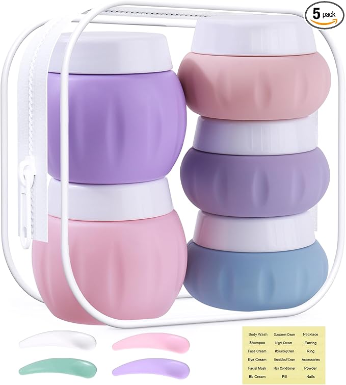GLAMFIELDS TSA Approved 2Pcs 1.7oz+3Pcs 1oz Travel Size Silicone Jars BPA Free, Leak-proof Travel Essentials with Lid for Cosmetic Face Hand Body Cream Purple(5Pack)