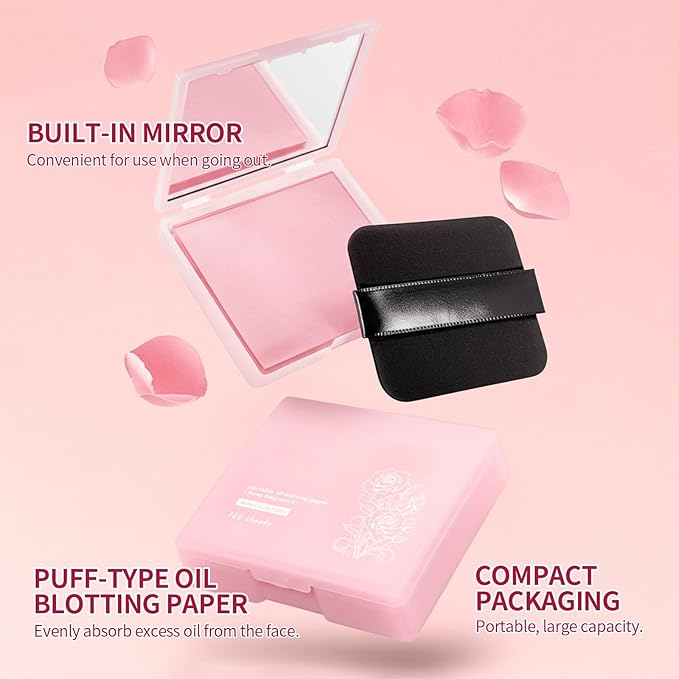 Erinde Oil Blotting Sheets for Face with Mirror and Puff, 300 Sheets Oil Blotting Paper for Oily Skin, Face Oil Absorbing Sheet, Natural Oil Control Film, Absorb Excess Oil, Makeup Friendly