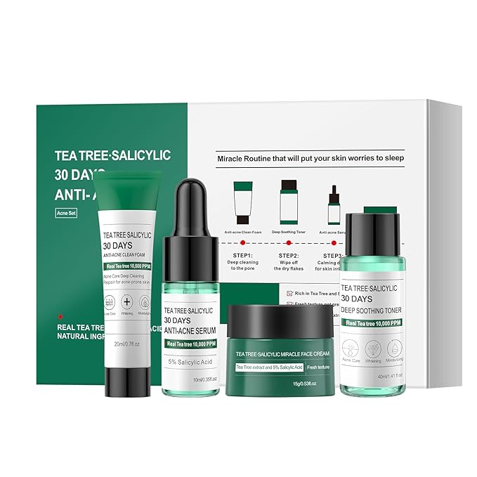 Tea Tree Salicylic Acid Facial Skin Care Set, Travel Size Gifts Set Cystic Hormonal Acne Treatment Face Wash Cleanser, Facial Toner Cream Moisturizer Travel Essentials for Pimple Adult Oil Control Kit