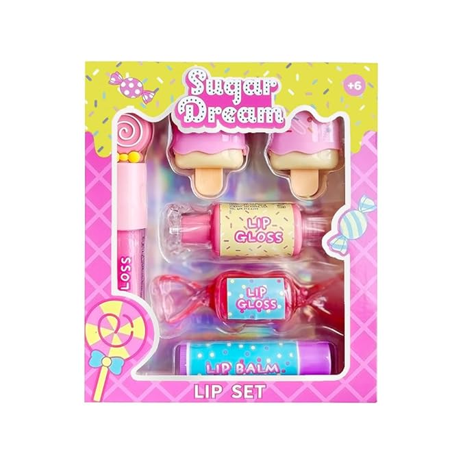MU 6pc Candy Sweet Lip Gloss Set for Kids - 1 Straight Stick, 2 Ice Cream and 2 Candy Balms, Non-Toxic Girls Birthday Gift, Fun Theme Party Favors