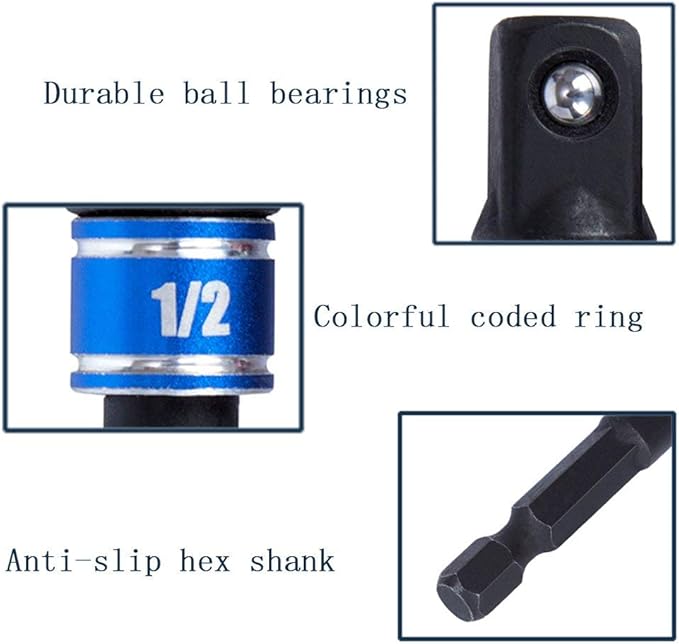 Impact Grade Power Hand Tools Driver Sockets Adapter Extension Set, 3Pcs 1/4 3/8 1/2" Hex Shank Drill Nut Driver Bit Set + 105 Degree Right Angle Driver Extension Screwdriver Drill Attachment