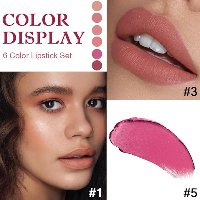6 Pcs Nude Pink Brown Rose Red Purple Matte Lipstick Set for Women Long Lasting Waterproof Moisturizing Lipsticks for Older Women 24 Hours Lip Stick Lip Stain Makeup Gift Kit,Lip Makeup Vegan