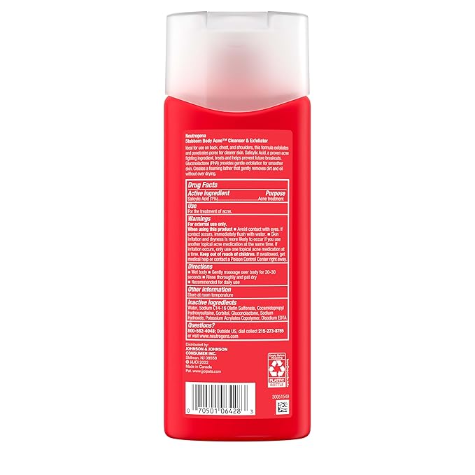 Neutrogena Salicylic Acid & PHA Stubborn Acne Body Wash, Exfoliating Cleanser Acne Treatment for Chest & Shoulder, Gently Clears, Exfoliates & Helps Prevent Breakouts, Fragrance Free, 8.5 Fl Oz