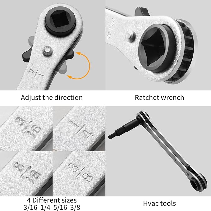 Hvac Service Flat Wrench Tools:3/16” to 3/8” 5/16'' x 1/4''Air Conditioner Valve Flat Ratchet Wrench with 2 Hexagon Bit Adapter Kit for Air Refrigeration Tools and Equipment Repair Tools Clearance
