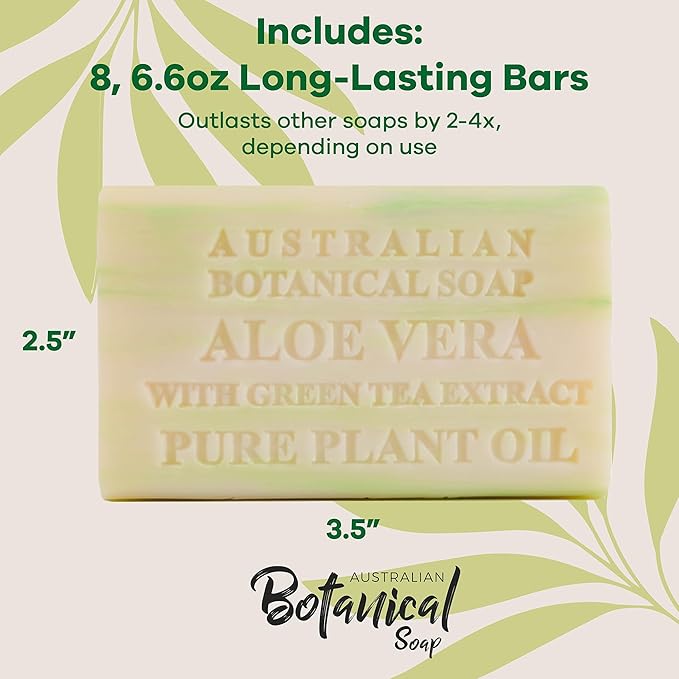 Australian Botanical Soap, 6.6 OZ, Aloe Vera and Green Tea Extract, Triple Milled Bars made with a Natural Soap Base and Enriched with Organic Shea Butter, Pack of 8