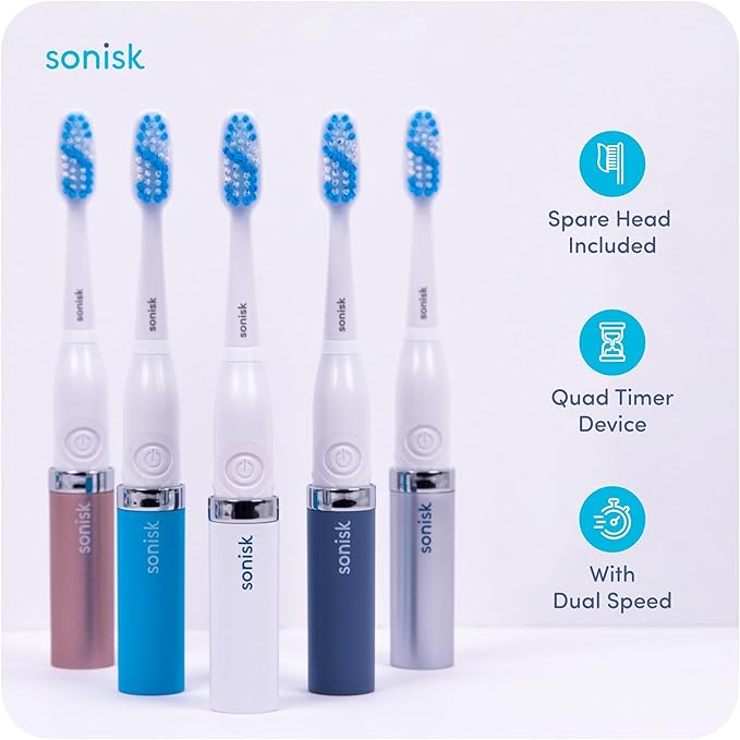 Sonisk Pulse | Battery Powered Electric Toothbrush | Sonic Technology | 1x Battery, 2X Brush Heads, 1x Travel Case Included | 31,000 Strokes Per Minute | Portable Size | Rose Gold
