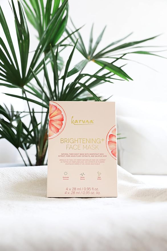 Karuna Brightening+ Sheet Masks for Radiant Skin, Hydrating Face Mask Skin Care Essential, Face Mask with Grapefruit Seed & Rare Asian Plant Extracts Plus Salicylic Acid, 4 Sheets per Pack