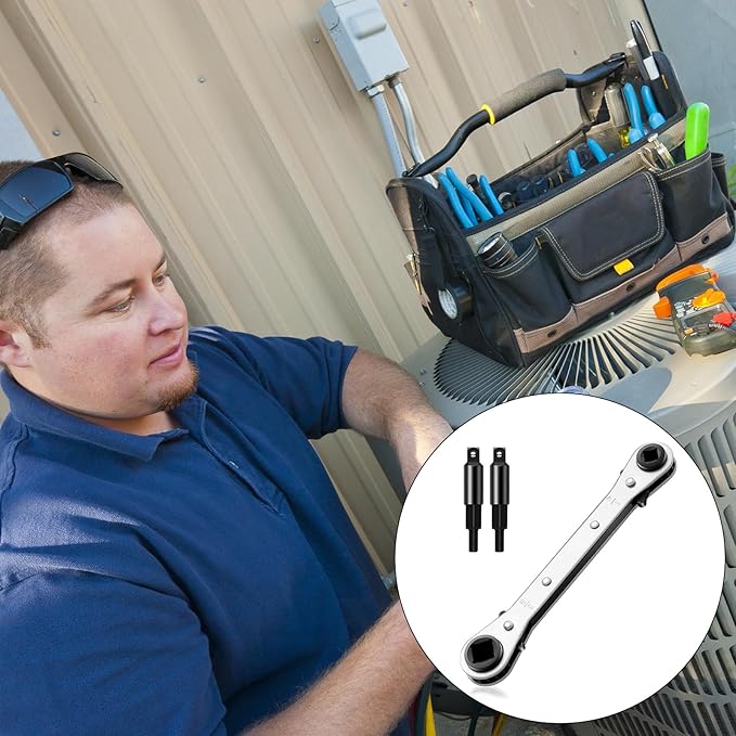 Hvac Service Flat Wrench Tools:3/16” to 3/8” 5/16'' x 1/4''Air Conditioner Valve Flat Ratchet Wrench with 2 Hexagon Bit Adapter Kit for Air Refrigeration Tools and Equipment Repair Tools Clearance