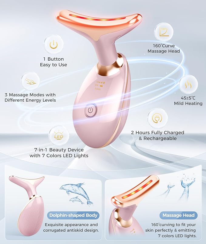 Fastaid 7-in-1 Skin Care Tools, Face Care, Face Neck Massager for Skin Care Routine at Home, Glossy Pink