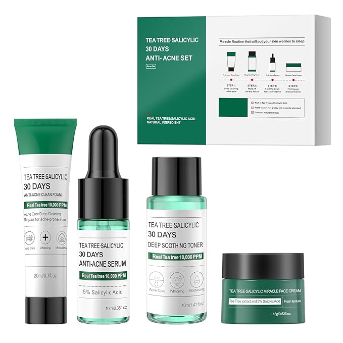 Tea Tree Salicylic Acid Facial Skin Care Set, Travel Size Gifts Set Cystic Hormonal Acne Treatment Face Wash Cleanser, Facial Toner Cream Moisturizer Travel Essentials for Pimple Adult Oil Control Kit