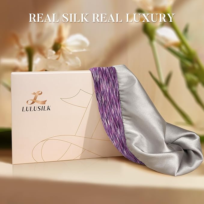 LULUSILK Mulberry Silk Lined Sleep Cap, No More Frizzy Tangled Hair, Stay On Silk Hair Wrap for Sleeping with Adjustable Strap, Silk Bonnet for Women and Men, Assorted Color Purple, Pack of 1