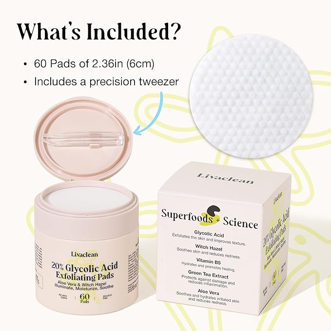 LivaClean 60 CT 20% Glycolic Acid Peel Pads with Aloe Vera – Resurfacing Toner Pads for Face, Exfoliating Wipes for Fine Lines, Wrinkles, Large Pores, Textured Skin, Includes Tweezer