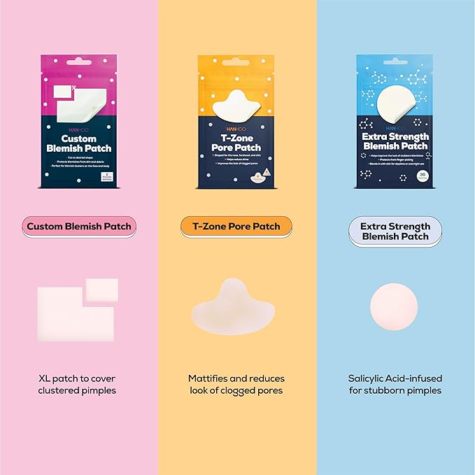 Hanhoo T-Zone Pore Patch, Extra Strength & Custom Blemish Patch Bundle includes 54 patches with Salicylic Acid, Niacinamide & Hyaluronic Acid for blackhead and acne treatment. Perfect Korean skincare.