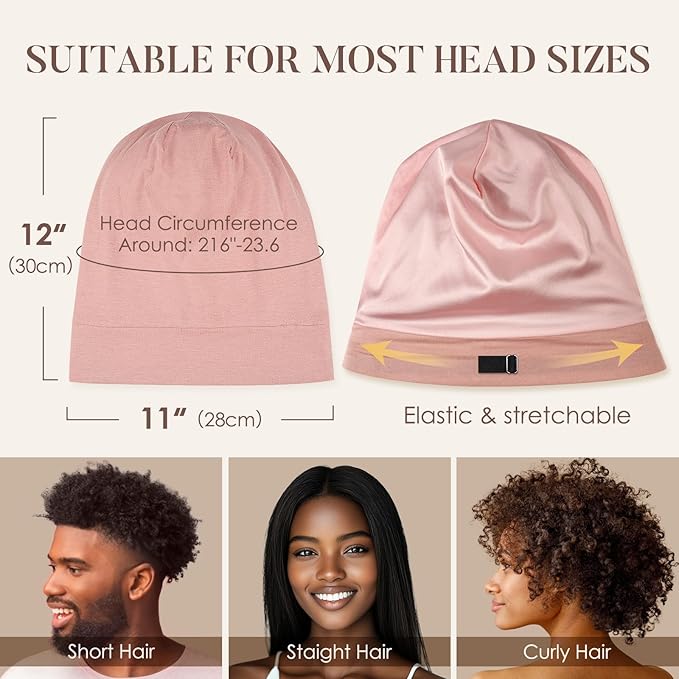 LULUSILK Mulberry Silk Bonnet for Sleeping Women, No More Frizzy Tangled Hair, Stay On All Night Silk Hair Wrap for Sleeping with Adjustable Strap, Silk Sleep Cap for Women and Men, Pink, Pack of 1